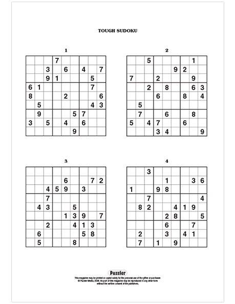 Tough Sudoku Printable Puzzle | Puzzler®